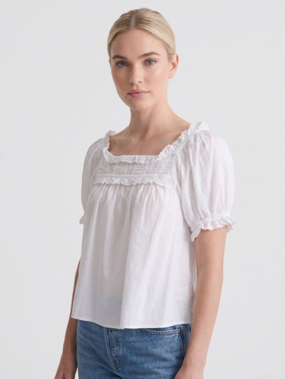 Doen Lace-Yoke Puff-Sleeve Cotton Top White S